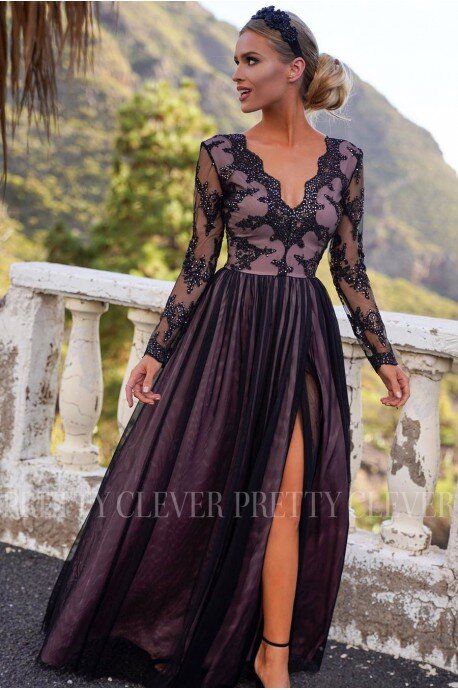 Ekskluzywna tiulowa sukienka maxi Sophie - czarna z beżem