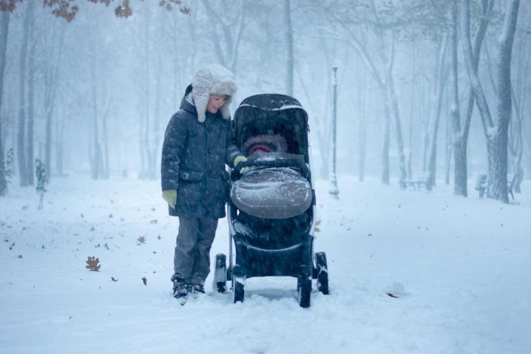 A boy stands by a stroller on a snowy path in a winter forest, creating a serene, frosty scene.
